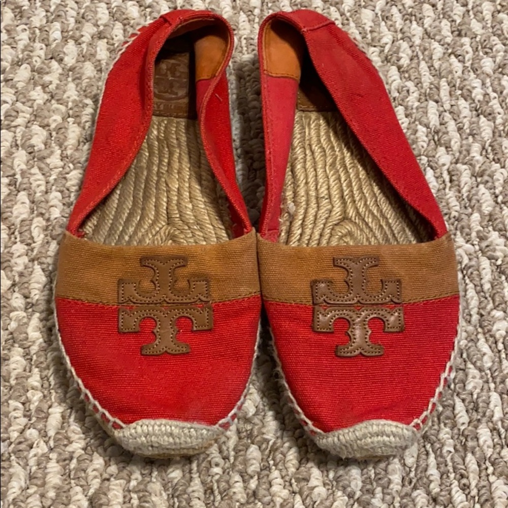 Red/Tan Size 8 Tory Burch Flat Espadrilles